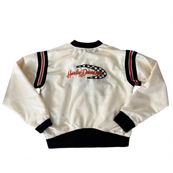 Harley-Davidson Y2K Racing Bomber Jacket M Checkered Logo Patch Flag USA White - Picture 1 of 14